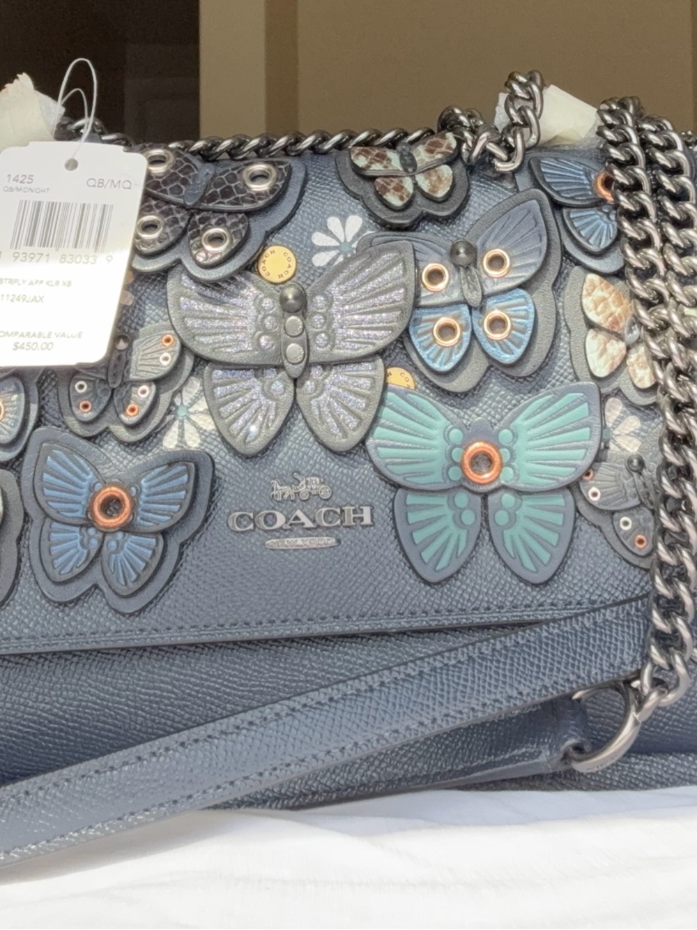 COACH Blue Butterfly Embellished Leather Shoulder Bag